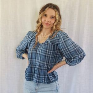 Tunic style blue and white plaid balloons Sleeve Blouse
